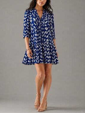 Anthropologie Maeve Caravane Blue White Drop Waist Pintuck Tunic Dress XS Boho